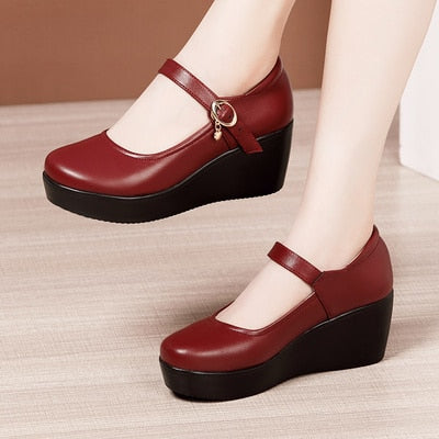 GKTINOO 2022 Spring Leather Shoes Women Platform Wedges Shoe High Heels Round Toe Soft Sole White Women Pumps Large Size 33-43