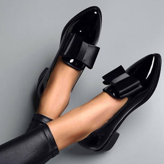 Spring Flats Women Shoes Bowtie Loafers Patent Leather Women&#39;s Low Heels Slip On Footwear Female Pointed Toe Thick Heel
