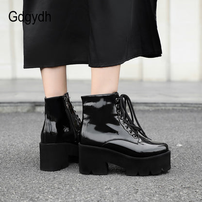 Gdgydh Punk Style Platform Heel Womens Ankle Boots Chunky Motorcycle Boots For Women Patent Leather Purple Yellow Shoes Big Size