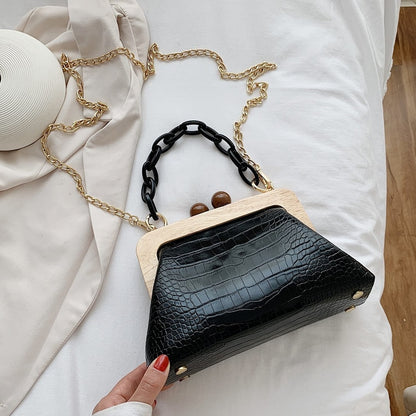 Vintage Wooden Tote Bag Women Chain Crossbody Bags Designer Alligator Pattern Shoulder Bag Luxury Handbgas Female Clutch Bag