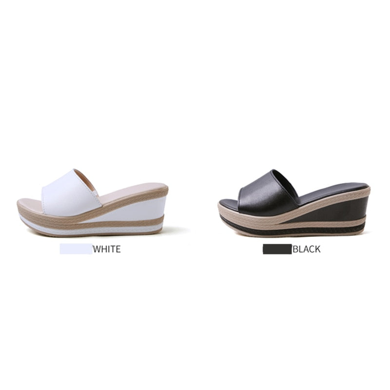 Dosreal Summer Women Slippers High Quality Leather Thick Sole Slippers Female Platform White Straw Slides Woman Wedge Flip Flop