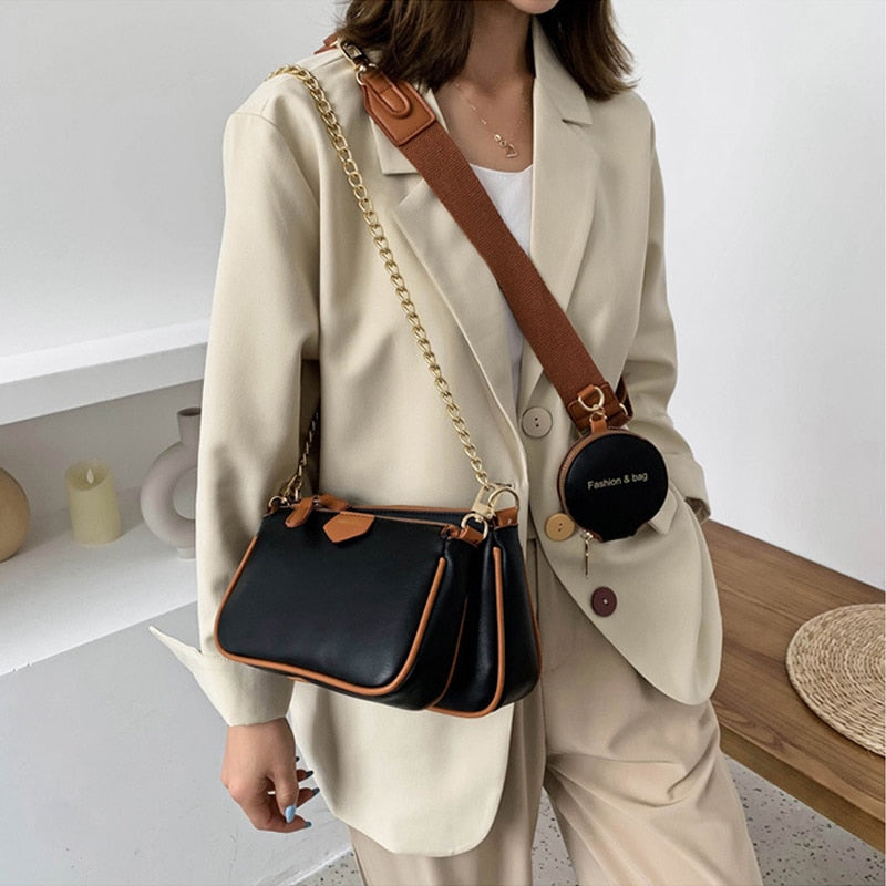 fashion chains women shoulder bags designer wide strap messenger bags luxury pu leather crossbody bag lady small purse 3 bag set