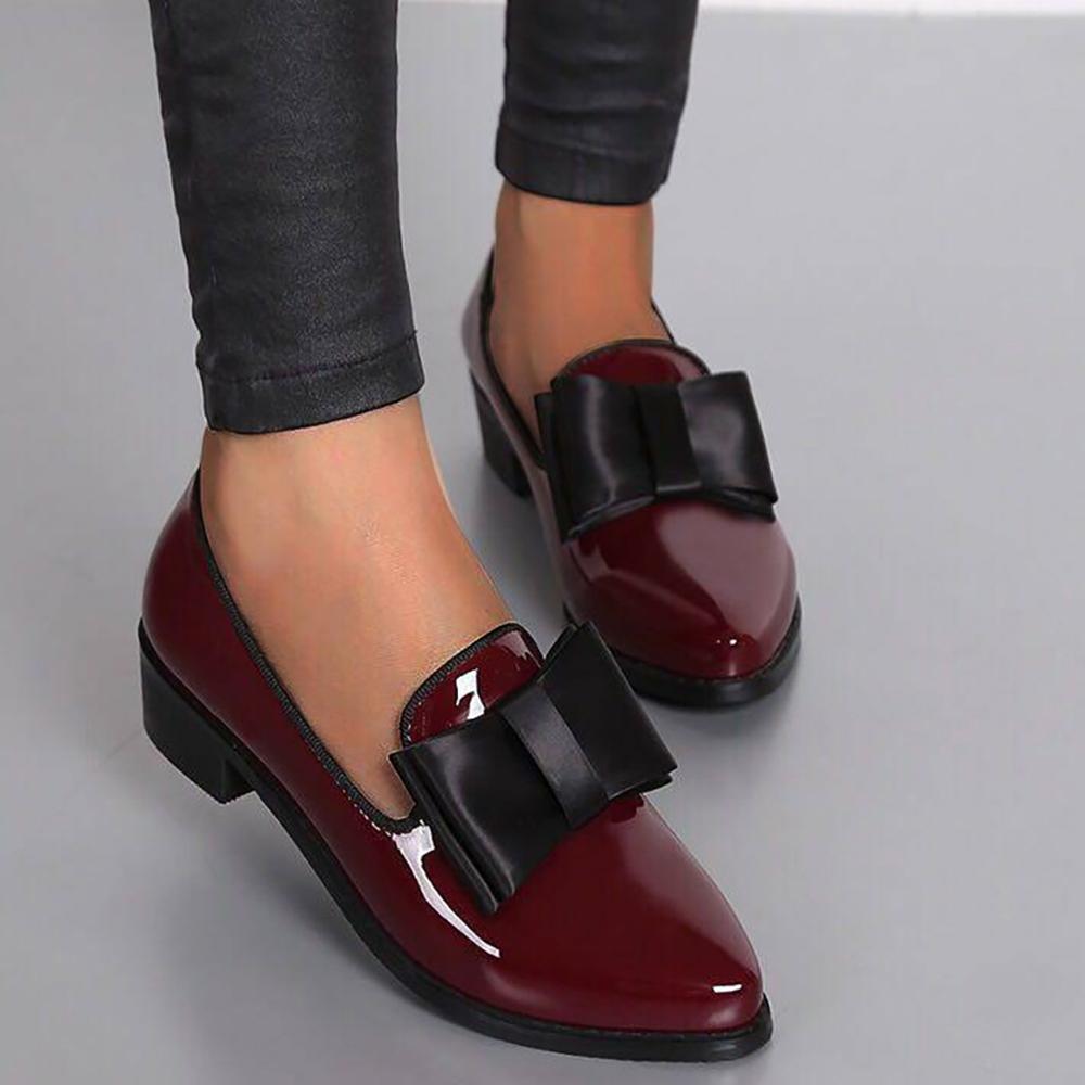 Spring Flats Women Shoes Bowtie Loafers Patent Leather Women&#39;s Low Heels Slip On Footwear Female Pointed Toe Thick Heel