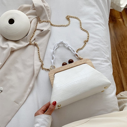 Vintage Wooden Tote Bag Women Chain Crossbody Bags Designer Alligator Pattern Shoulder Bag Luxury Handbgas Female Clutch Bag