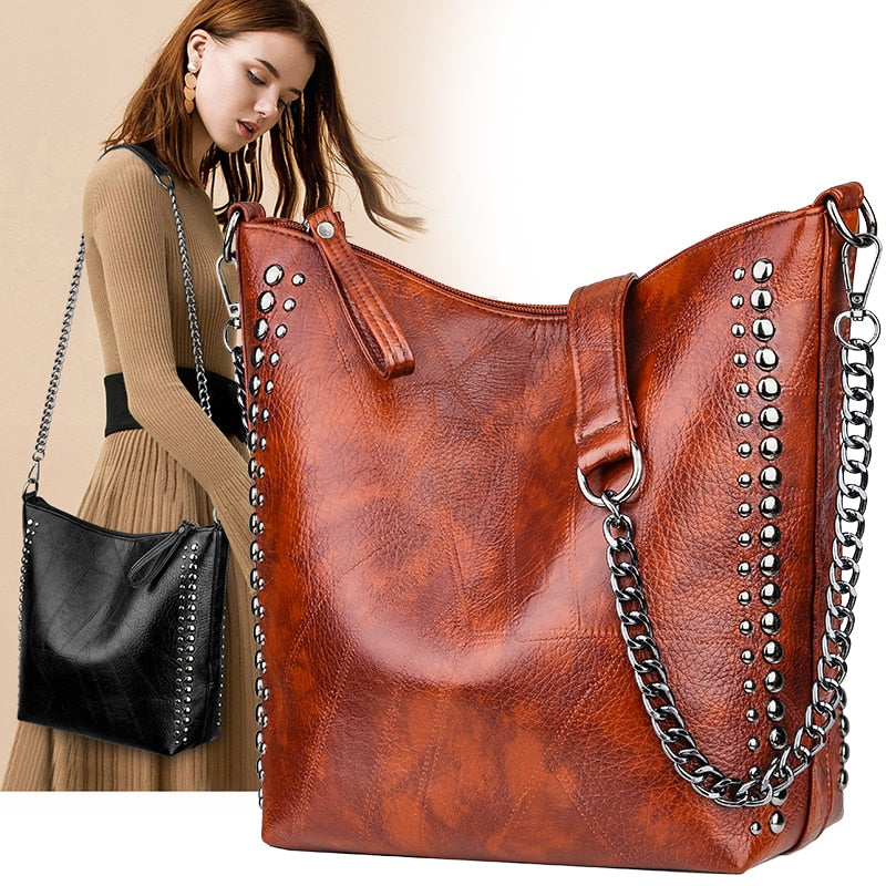 Retro Rivet Shoulder Bag Chain Crossbody Bags for Women Luxury Leather Messenger Bag Women Large Handbag Lady Bolsas De Mujer