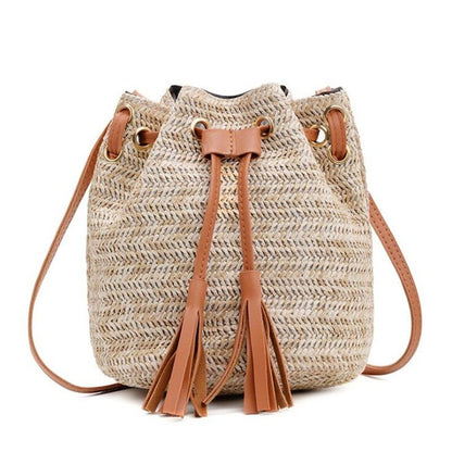 Women Crossbody Shoulder Bag Knitted Straw Messenger Satchel Handbag Bucket Bag Vintage Bucket Straw Beach Bags Women Totes