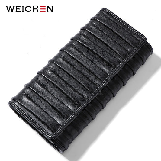 WEICHEN 2020 NEW Designer Ruched Long Wallet Women Soft Leather Female Wallets Purse Carteira Hand Bag Fashion Trifold Clutches