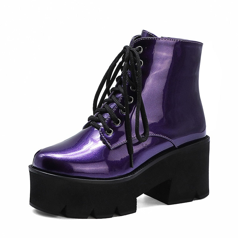 Gdgydh Punk Style Platform Heel Womens Ankle Boots Chunky Motorcycle Boots For Women Patent Leather Purple Yellow Shoes Big Size