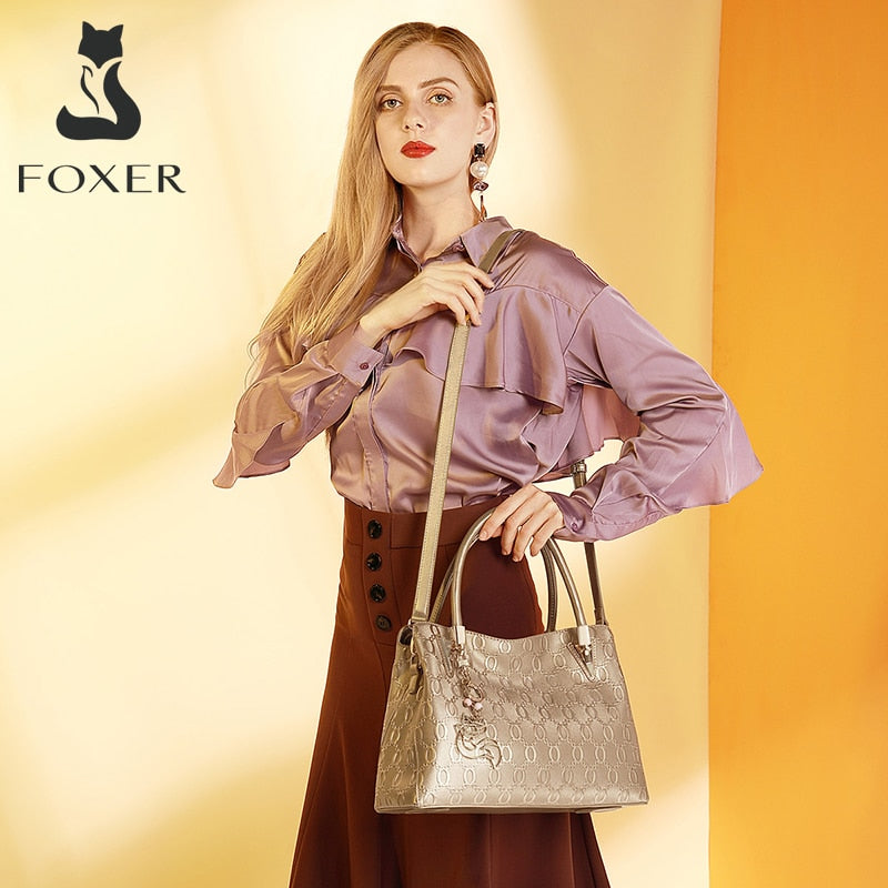 FOXER Women&#39;s Crossbody Shoulder Bags Female Split Cow Leather Handbag Fashion Lady Totes Top Handle Purse All-match Office Bag