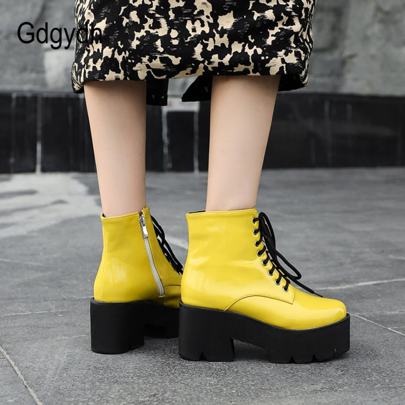 Gdgydh Punk Style Platform Heel Womens Ankle Boots Chunky Motorcycle Boots For Women Patent Leather Purple Yellow Shoes Big Size