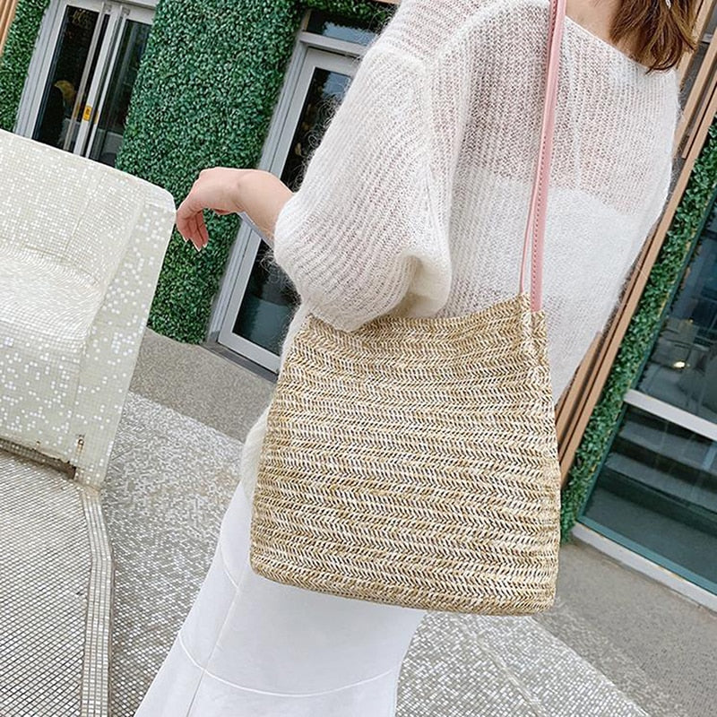 Women Crossbody Shoulder Bag Knitted Straw Messenger Satchel Handbag Bucket Bag Vintage Bucket Straw Beach Bags Women Totes