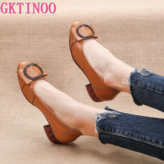 GKTINOO 2022 Genuine Leather Square Toe Pumps Women Shoes Low Heel Shallow Round Buckle Slip-On Leather Casual Shoes For Women