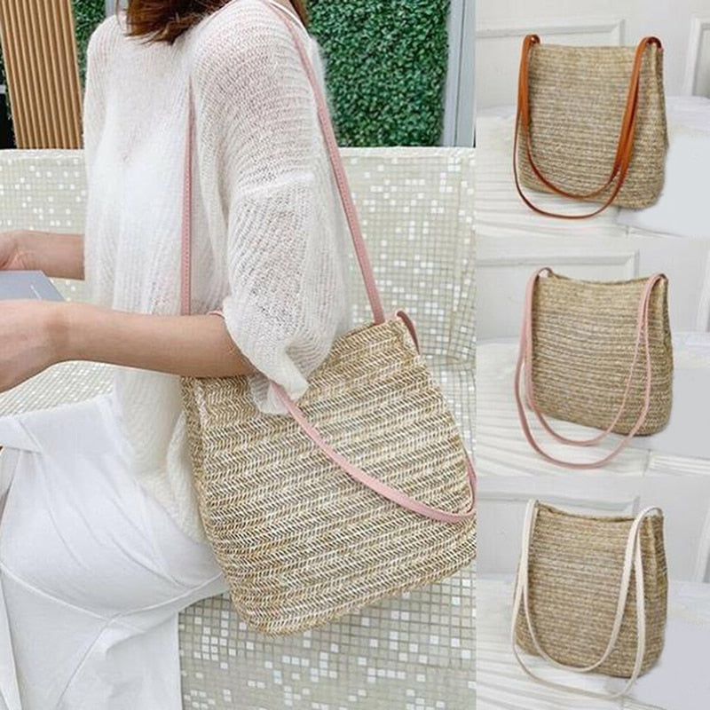 Women Crossbody Shoulder Bag Knitted Straw Messenger Satchel Handbag Bucket Bag Vintage Bucket Straw Beach Bags Women Totes