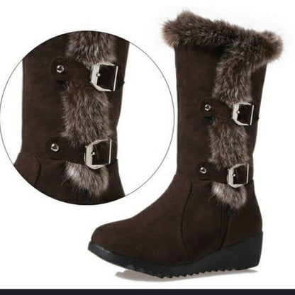 New Winter Women Boots Casual Warm Fur Mid-Calf Boots shoes Women Slip-On Round Toe wedges Snow Boots shoes Muje Plus size 42