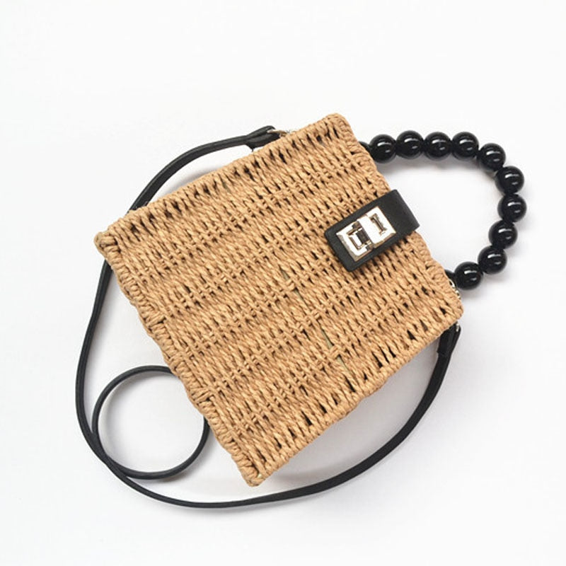 New female straw bag women Crossbody bag paper rope bead handle handbag Box Shoulder Bag Beach Holiday Bags