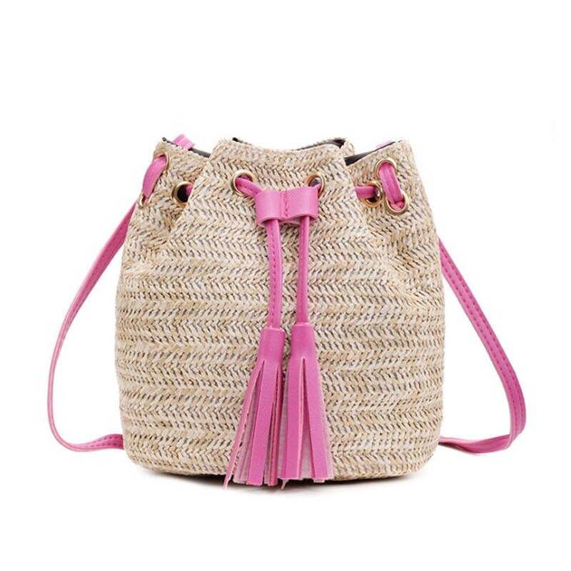 Women Crossbody Shoulder Bag Knitted Straw Messenger Satchel Handbag Bucket Bag Vintage Bucket Straw Beach Bags Women Totes