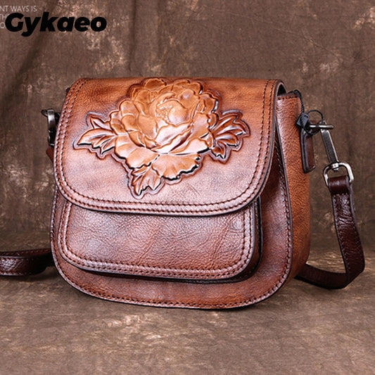 Gykaeo High Quality Woman Vintage Sling Messenger Shoulder Bags Female Leisure Small Embossed Women Genuine Leather Floral Bag