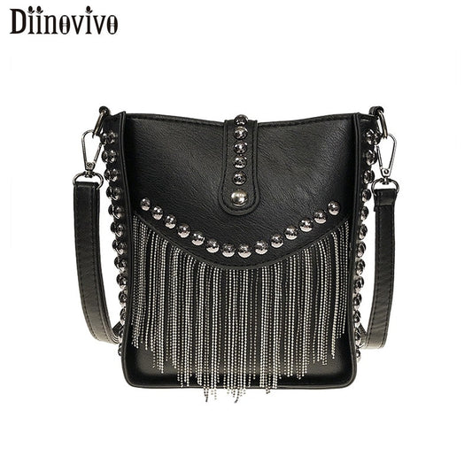 DIINOVIVOWomen Tassel Shoulder Bag Punk Rivet Ladies Messenger Bag Small Bucket Bag Female Crossbody Bags For Women Bag WHDV1213