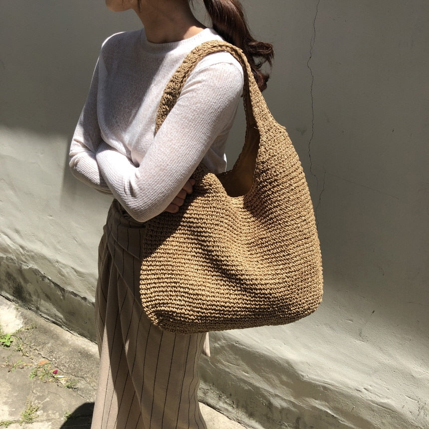 Fashion Straw Women Shoulder Bags Paper Woven Female Handbags Large Capacity Summer Beach Straw Bags Casual Tote Purses 2022