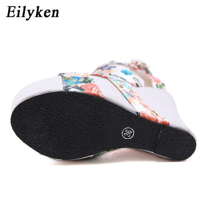 Eilyken Silk Print Floral Wedges Shoes For Women High Heels Sandals Summer Women's Shoes Peep Toe Wedges Platform Sandals