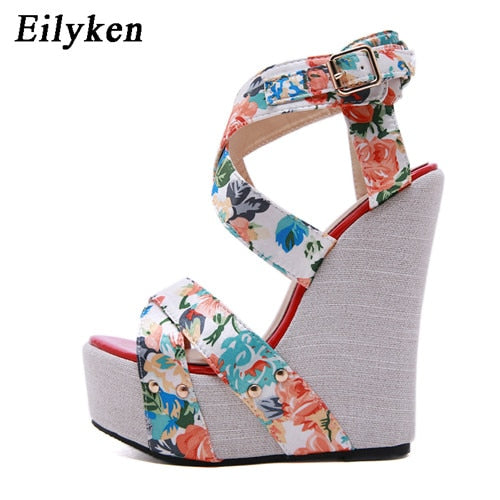 Eilyken Silk Print Floral Wedges Shoes For Women High Heels Sandals Summer Women's Shoes Peep Toe Wedges Platform Sandals