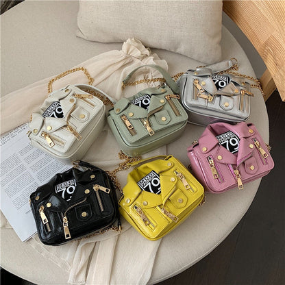 European Brand Design Chain Motorcycle Bags Women Clothing Shoulder Rivet Zipper Jacket Bag Messenger Bag Women Leather Handbags