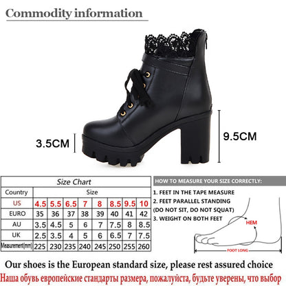 Gdgydh Wholesale Lace Ankle Boots Thick High Heels Women Boots Sexy Lacing Round Toe Platform Ladies Shoes Large Sizes 34-43