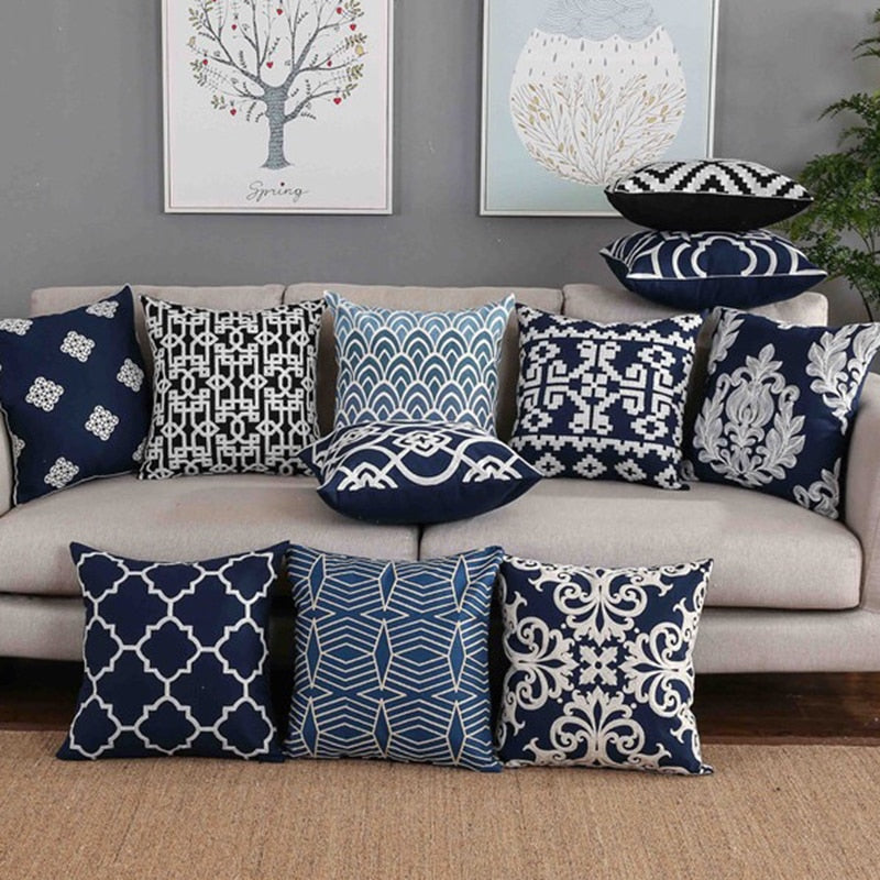 Home Decor Embroidered Cushion Cover Navy/White Pillowcase Canvas Cotton Square Embroidery Pillow Cover 45x45cm Quatrefoil