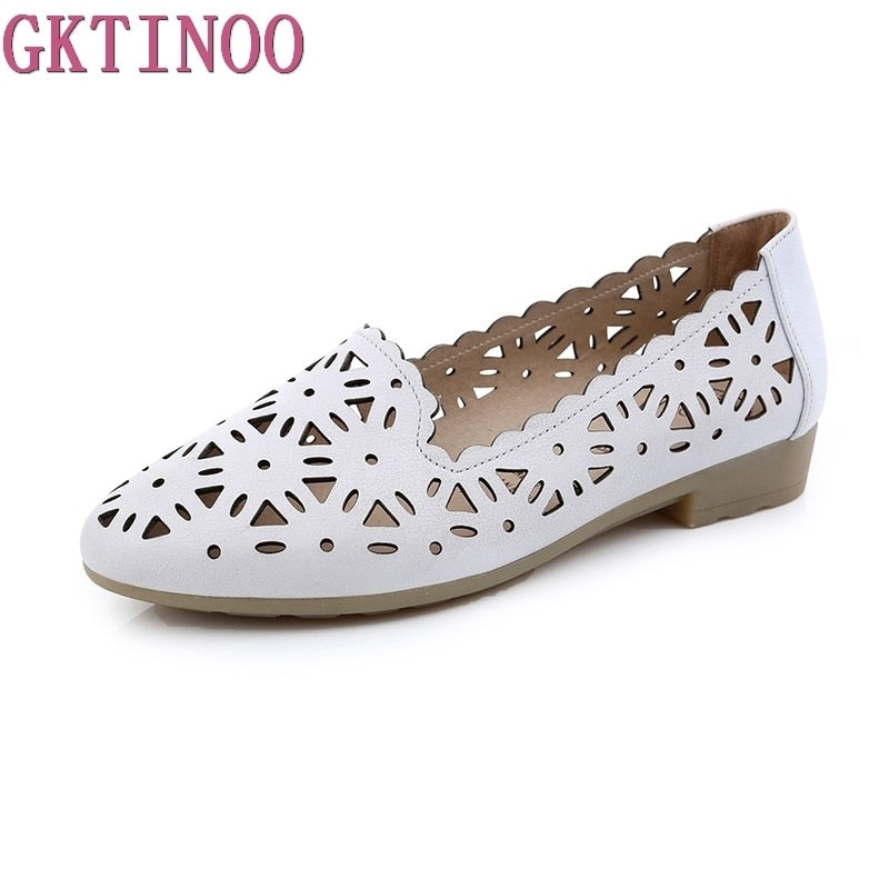 GKTINOO 2022 Women Flat Shoes Genuine Leather Woman Ballet Pointed Toe Flats Summer Lady Hollow Out Loafers Women Shoes Sandals
