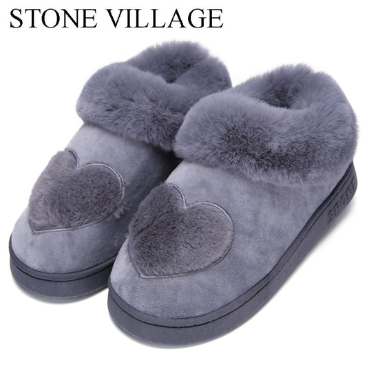 Cotton Women Slippers New Arrival Heart-Shaped  Warm Plush Winter Fur Slippers Soft Indoor Shoes Flat With Home Slippers