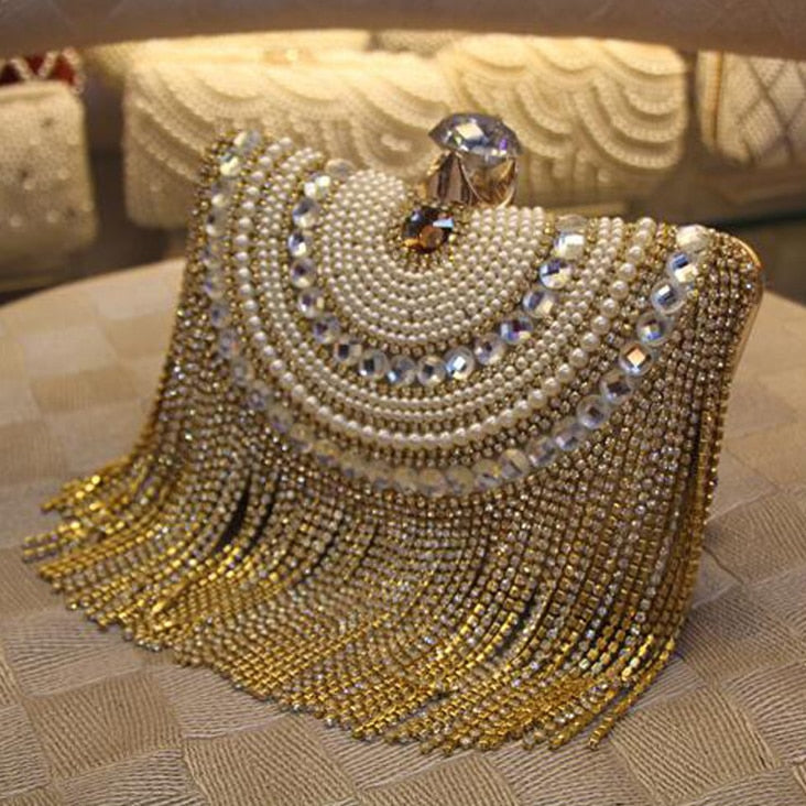 Rhinestones Tassel Clutch Diamonds Beaded Metal Evening Bags Chain Shoulder Messenger Purse Evening Bags For Wedding Bag