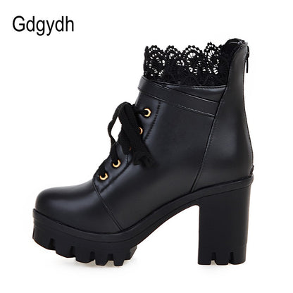 Gdgydh Wholesale Lace Ankle Boots Thick High Heels Women Boots Sexy Lacing Round Toe Platform Ladies Shoes Large Sizes 34-43