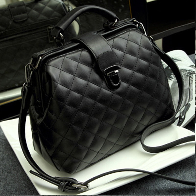 Fashion Plaid Rivets Design Pu Leather Crossbody Bags For Women Solid Color Shoulder Handbags Female Doctor Tote