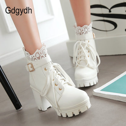 Gdgydh Wholesale Lace Ankle Boots Thick High Heels Women Boots Sexy Lacing Round Toe Platform Ladies Shoes Large Sizes 34-43