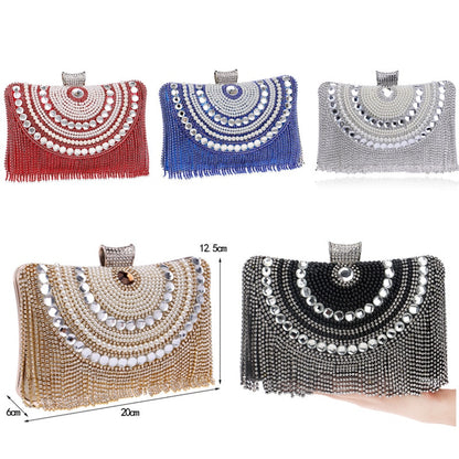 Rhinestones Tassel Clutch Diamonds Beaded Metal Evening Bags Chain Shoulder Messenger Purse Evening Bags For Wedding Bag