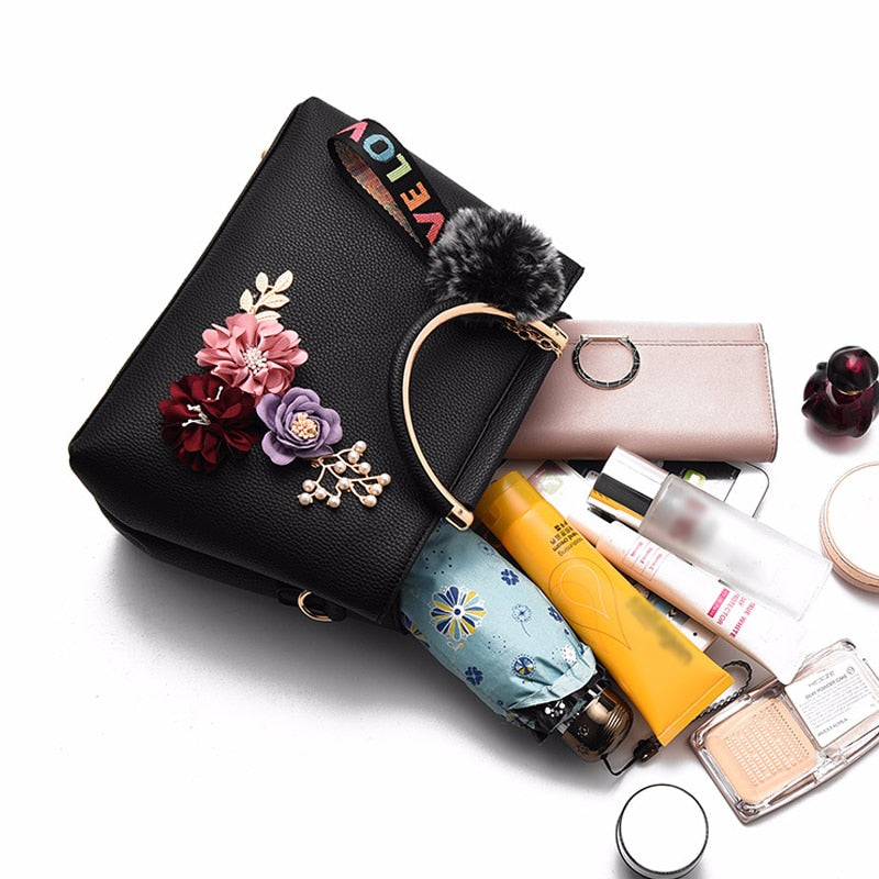 Fashion Flowers Designer Pu Leather Crossbody Bags for Women Vintage Small Shoulder Handbags Female Casual Top-Handle