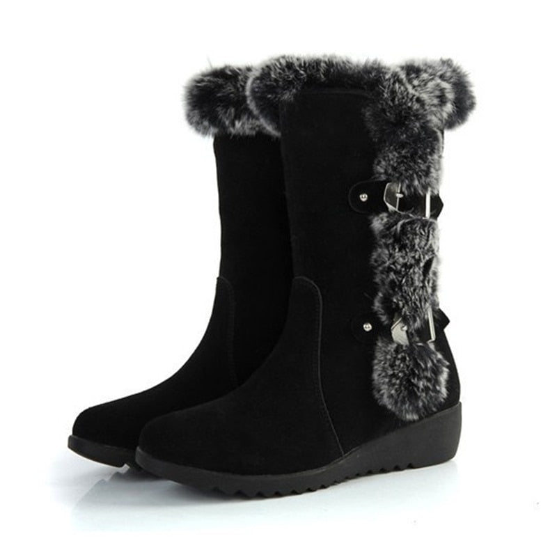 New Winter Women Boots Casual Warm Fur Mid-Calf Boots shoes Women Slip-On Round Toe wedges Snow Boots shoes Muje Plus size 42