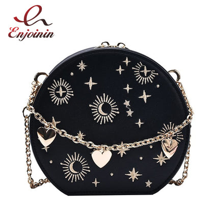 Embroidery Round Leather Design Women Luxury Purses and Handbags Crossbody Chain Bag Ladies Party Clutch Bag Totes Shoulder Bag