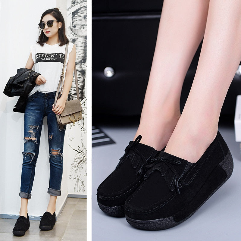 Women Flats Suede Women&#39;s Loafers Creepers Women Shoes Slip On Fringe Platform Shoes Women Casual Shoes Ladies Moccasins 56