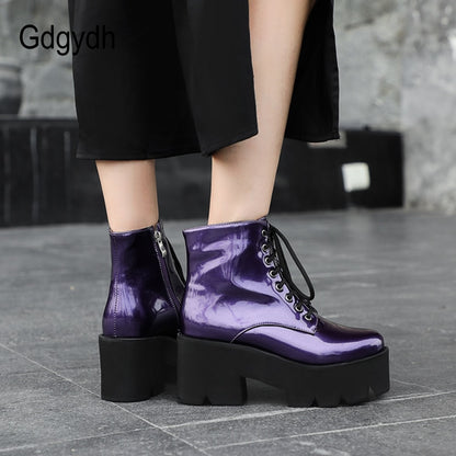 Gdgydh Punk Style Platform Heel Womens Ankle Boots Chunky Motorcycle Boots For Women Patent Leather Purple Yellow Shoes Big Size