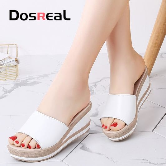 Dosreal Summer Women Slippers High Quality Leather Thick Sole Slippers Female Platform White Straw Slides Woman Wedge Flip Flop