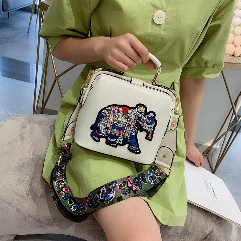 Vintage Embroidery Elephant Bag Bags Wide Butterfly Strap PU Leather Women Shoulder Crossbody Bag Tote Women&#39;s Handbags Purses