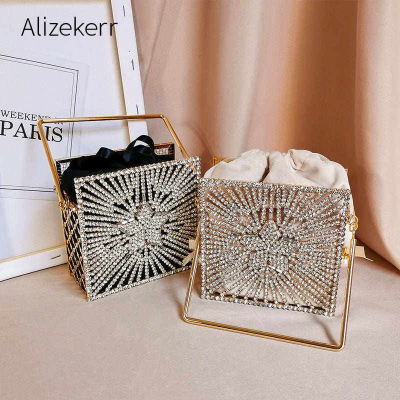 Shiny star Diamonds Evening Bags Women 2020 New Luxury Rhinestone Metal Cage Clutch Purse Female Chic Hollow Out Shoulder Bags