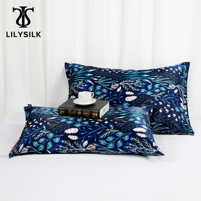 LILYSILK Silk Pillowcase 19 Momme Blue Painting Terse White Flower with Blue Free Shipping