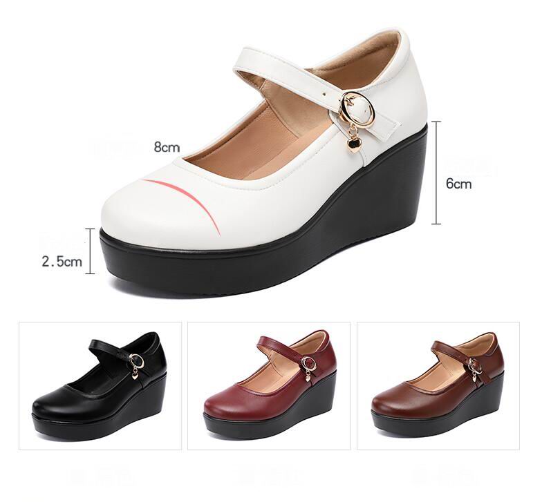 GKTINOO 2022 Spring Leather Shoes Women Platform Wedges Shoe High Heels Round Toe Soft Sole White Women Pumps Large Size 33-43