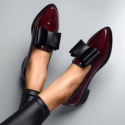 Spring Flats Women Shoes Bowtie Loafers Patent Leather Women&#39;s Low Heels Slip On Footwear Female Pointed Toe Thick Heel