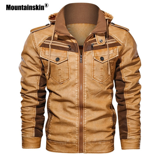 Mountainskin Men's Leather Jackets Winter Fleece Thick Mens Hooded Motorcycle PU Coats Male Fashion Outwear Brand Clothing SA794