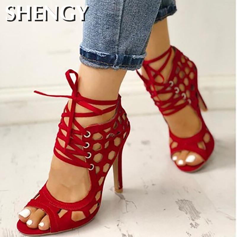 Women&#39;s Sandals Fine High-heeled Fashion 2020 Casual Fighter High Heels Women&#39;s Shoes Summer Cross Strap Sandals