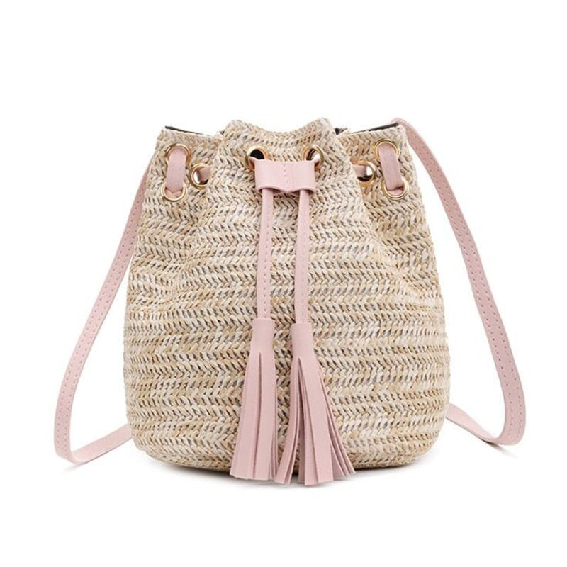 Women Crossbody Shoulder Bag Knitted Straw Messenger Satchel Handbag Bucket Bag Vintage Bucket Straw Beach Bags Women Totes