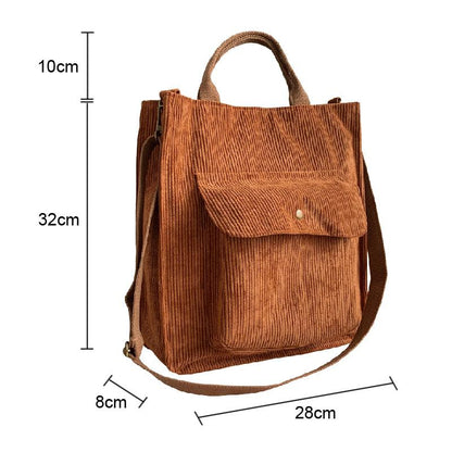 Corduroy Shoulder Bag Women Vintage Shopping Bags Zipper Girls Student Bookbag Handbags Casual Tote With Outside Pocket